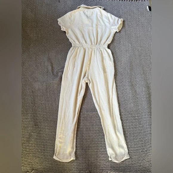 Japna Jumpsuit Womens M Linen Cotton Blend Tan Collared Drawstring Waist - Picture 2 of 3